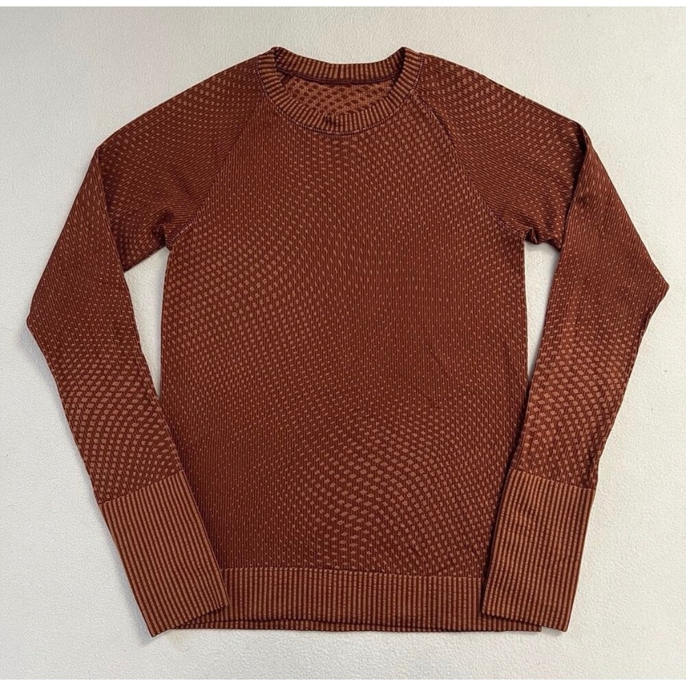 Lululemon Grid Warp Date Brown Desert Sun Rest Less Pullover Thumbhole Shirt Sz8